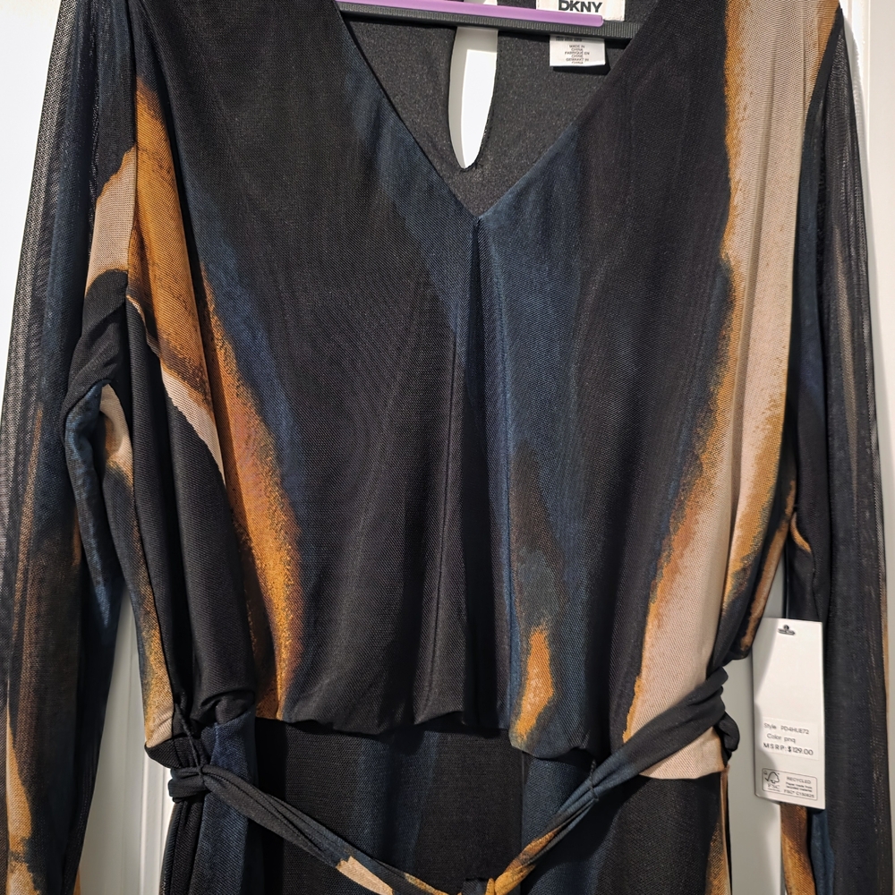 DKNY Black Long-Sleeve Belted Maxi Dress with Gold and Tan Brushstroke Print - Picture 3 of 7
